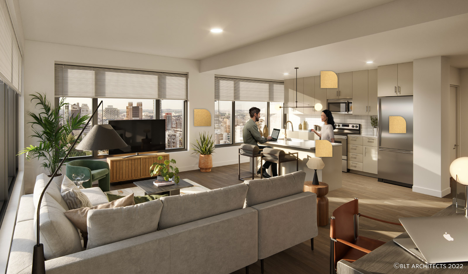 A living room and kitchen at The Carson