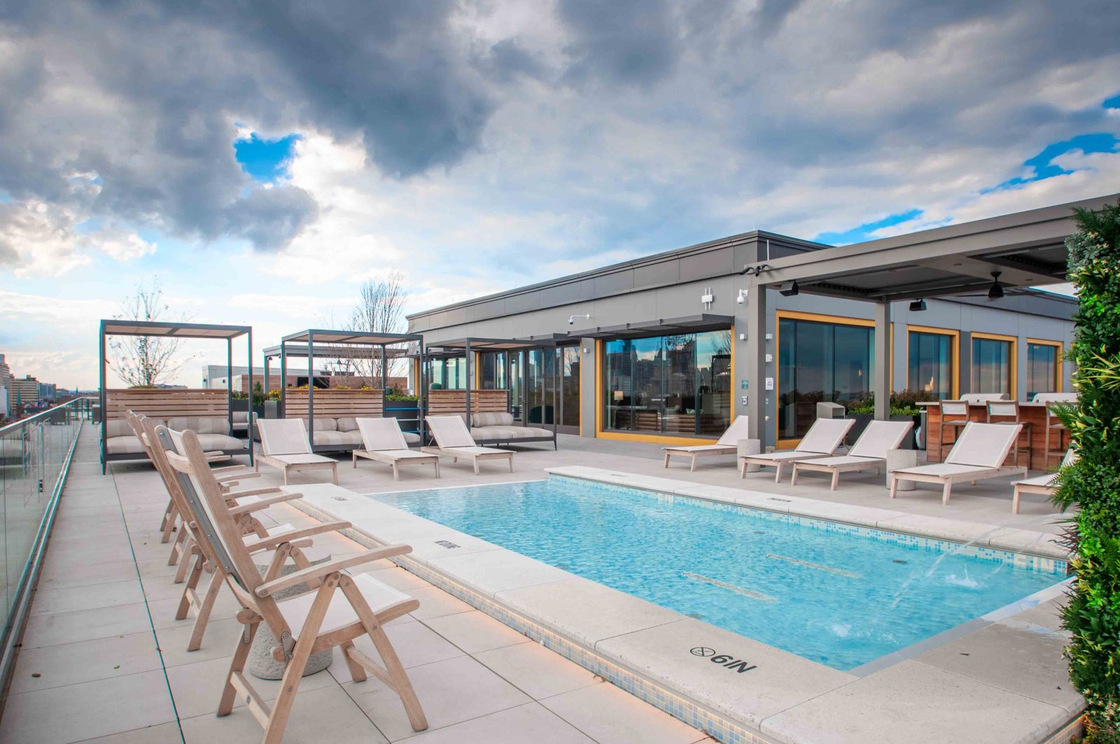 Rooftop pool with views of Philadelphia